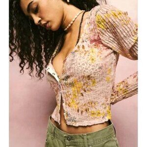 Free People Womens Sz S Angelina Lace Floral Crinkle Long Sleeve Button-Up